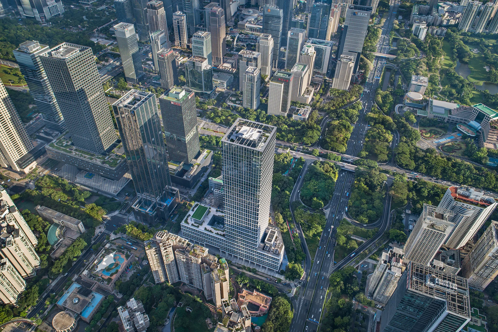 Aerial view over the GDE Finance Center and Futian CBD