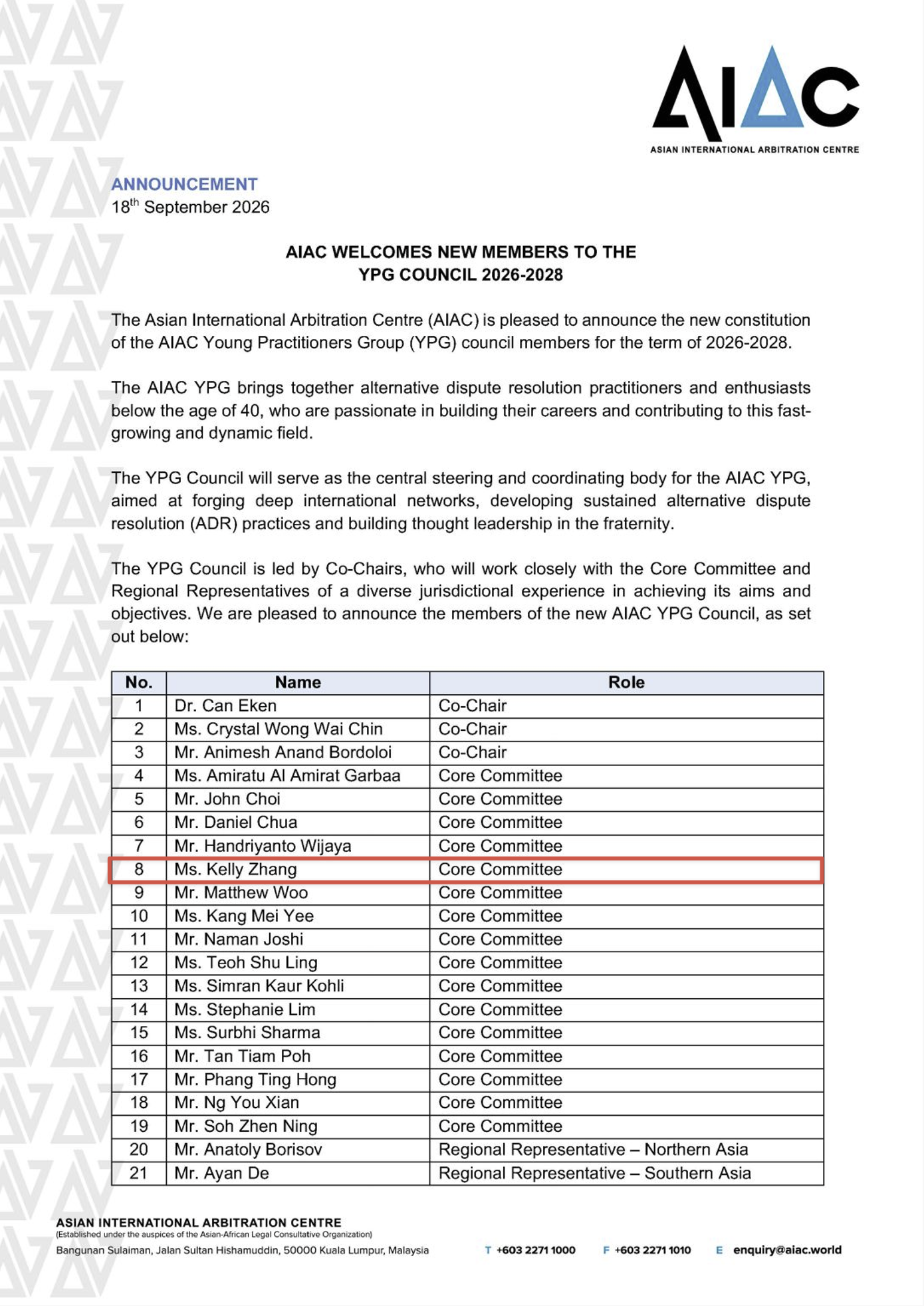 Page one of the AIAC announcement of 18 September 2026 on the YPG Council, listing Kelly Zhang at No. 8 as a Core Committee member