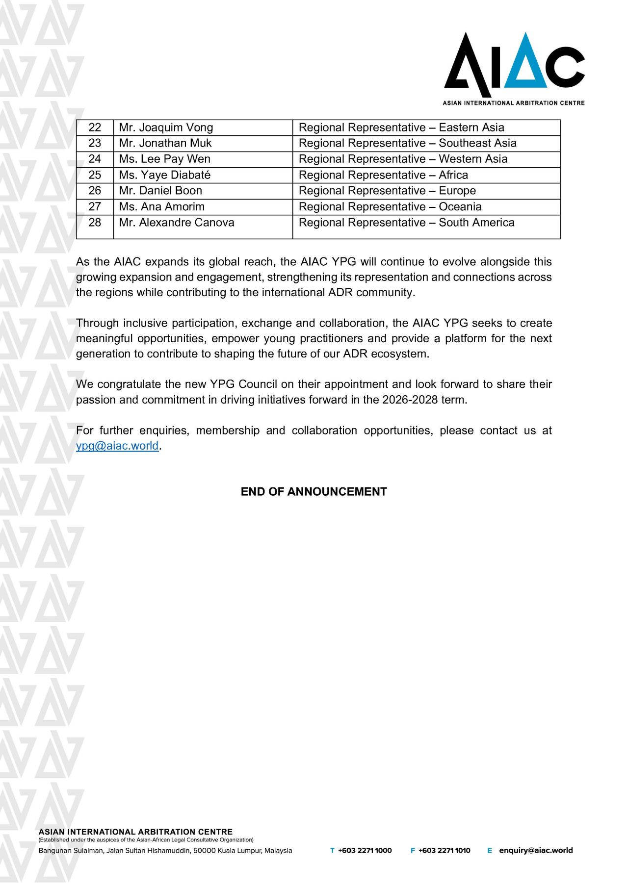 Page two of the AIAC YPG Council announcement, listing the remaining Regional Representatives and describing the YPG's goals for exchange and collaboration among young practitioners