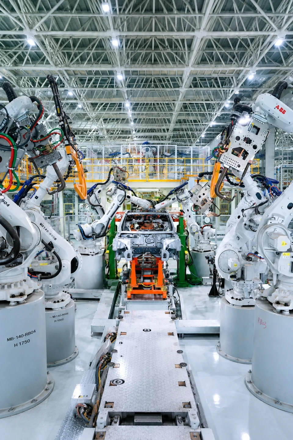 Robotic arms surrounding a car body on an electric vehicle production line in China
