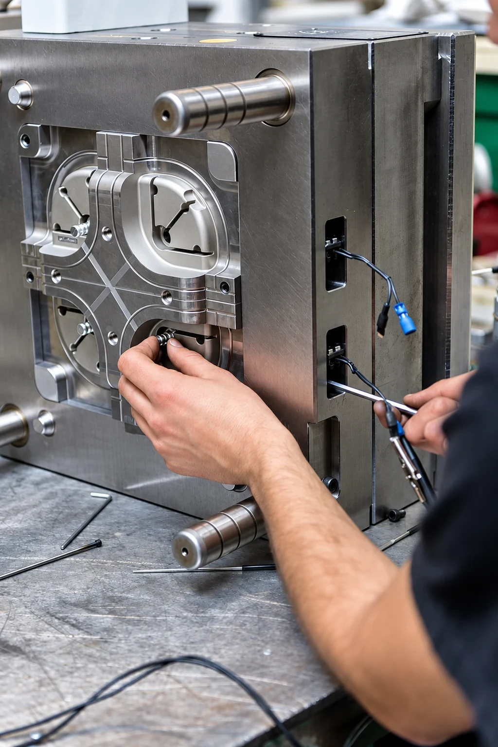 A worker adjusting a manufacturing mold