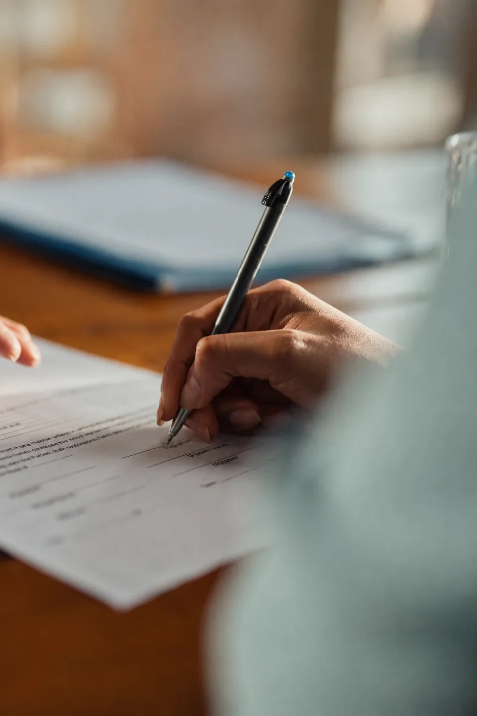 A hand holding a pen to sign a printed contract