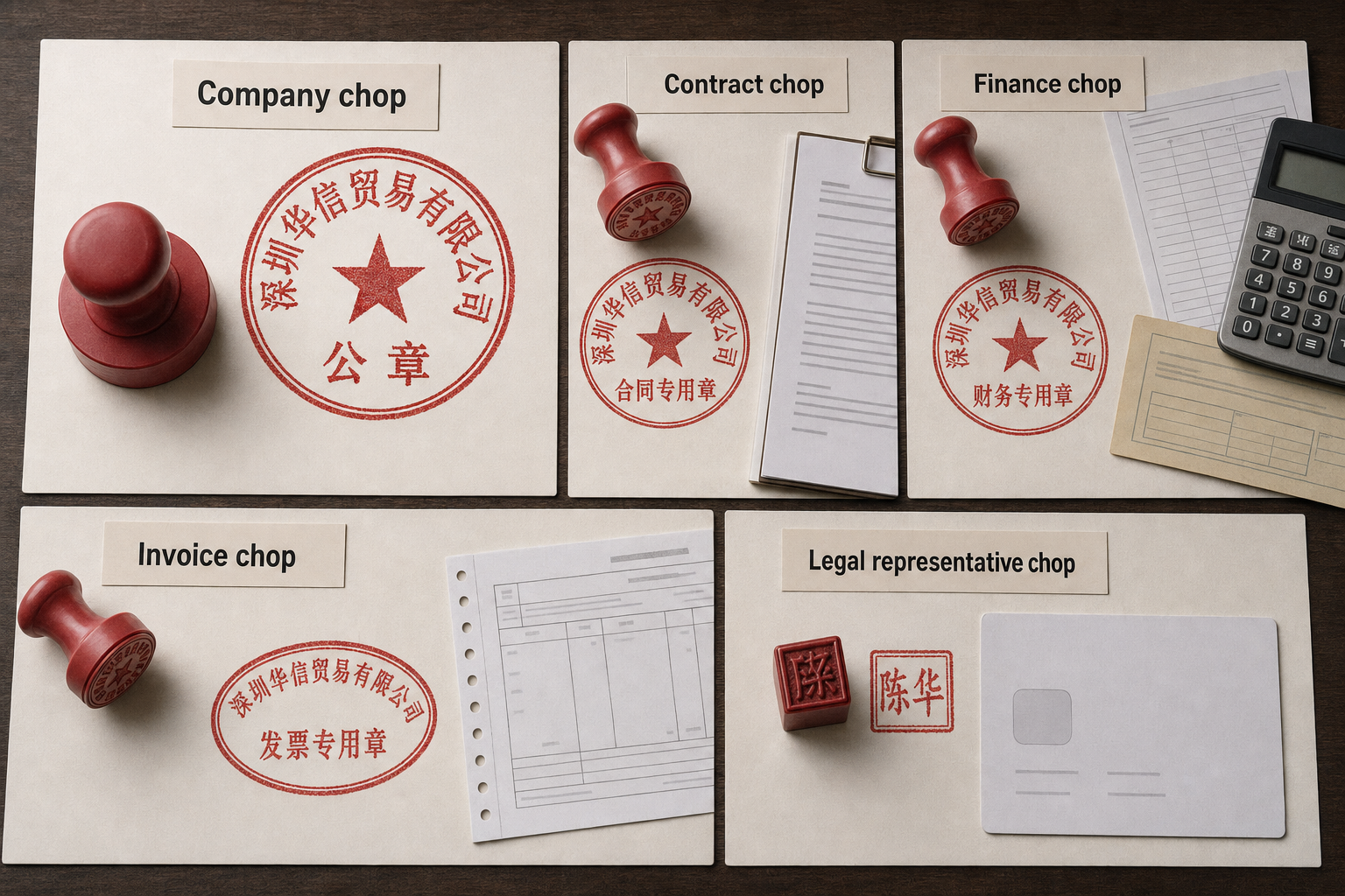 Diagram of common Chinese company chop types including company chop, contract chop, finance chop, invoice chop and legal representative chop