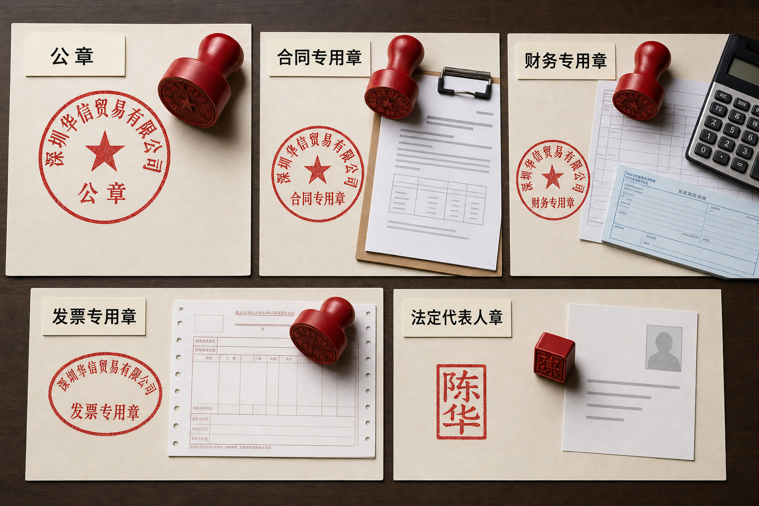 中國公司常見印章類型示意圖：公章、合同專用章、財務專用章、發票專用章和法定代表人章
