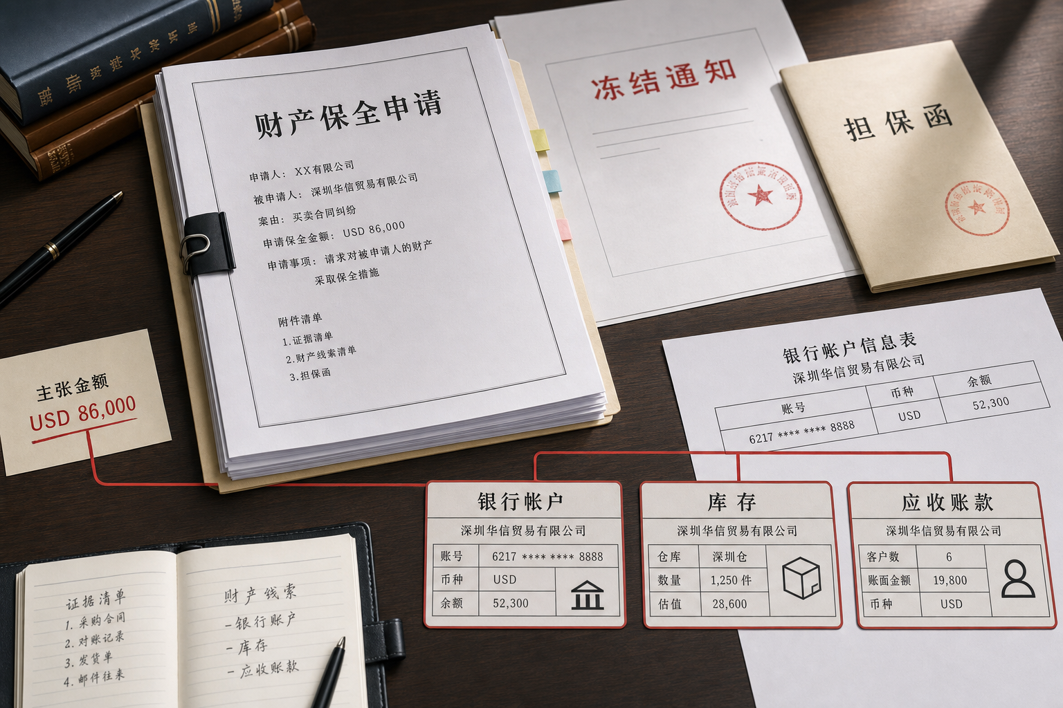 Asset preservation application, freeze notice, guarantee letter and supplier asset list arranged on a legal desk