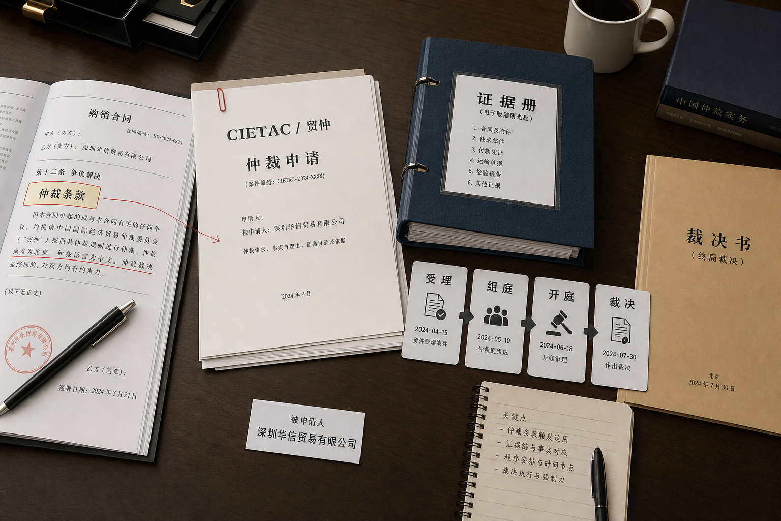 CIETAC clause, arbitration request, evidence binder and award document forming a China arbitration case path