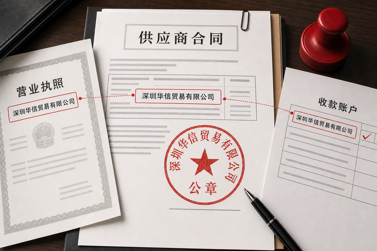 Supplier contract, business license, payment account and company chop all showing the same Chinese company name