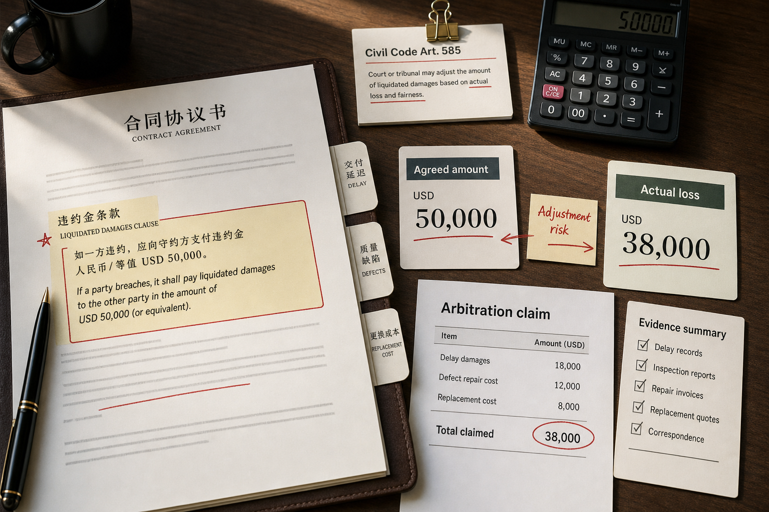 Liquidated damages clause, agreed amount, actual loss and adjustment risk arranged as a claim calculation packet