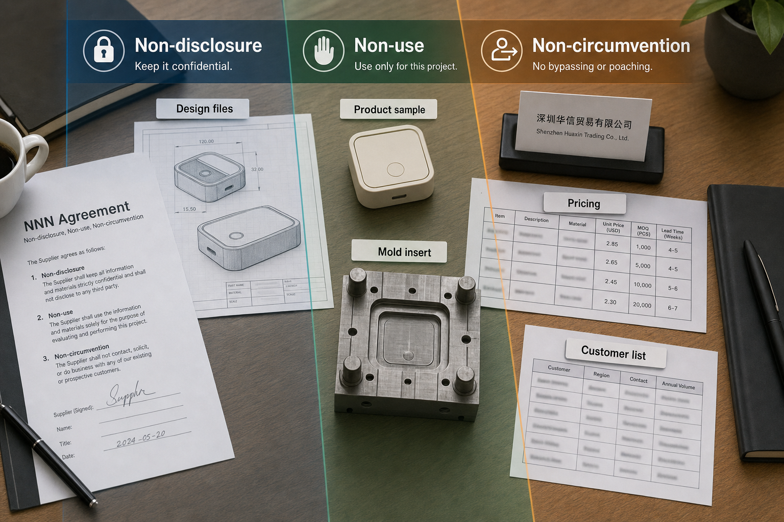NNN agreement protecting design files, sample product, mold, pricing sheet and customer list before supplier disclosure