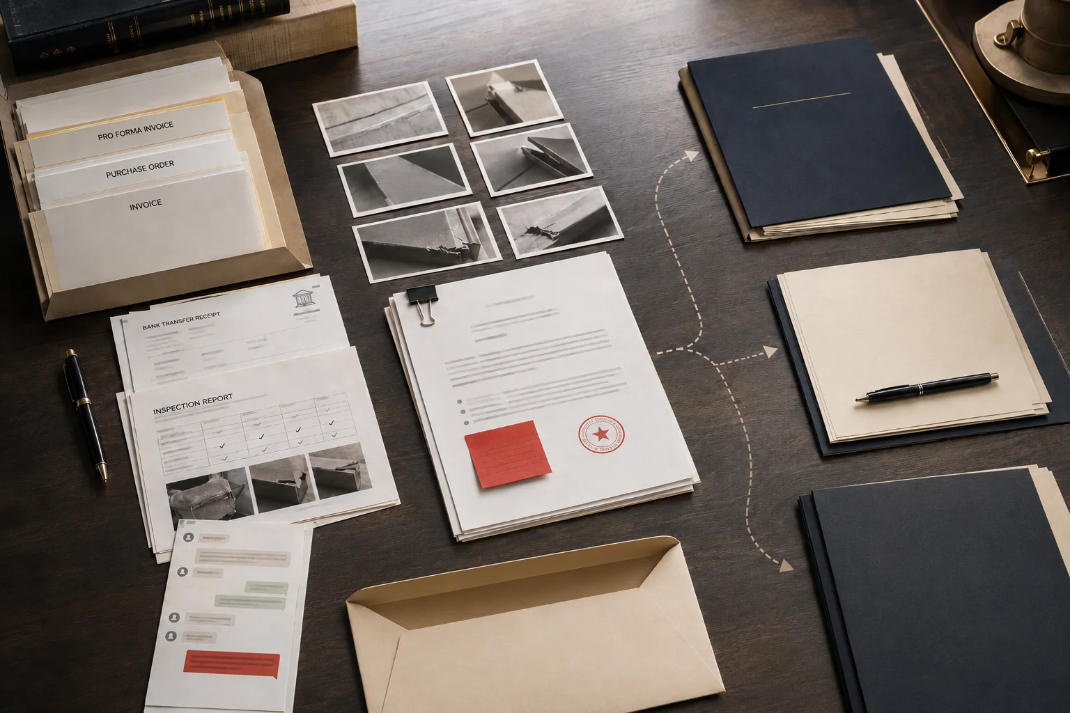 Desk scene for a China supplier refund dispute file, showing purchase order, pro forma invoice, bank transfer receipt, inspection photos, chat records, and folders suggesting different dispute paths