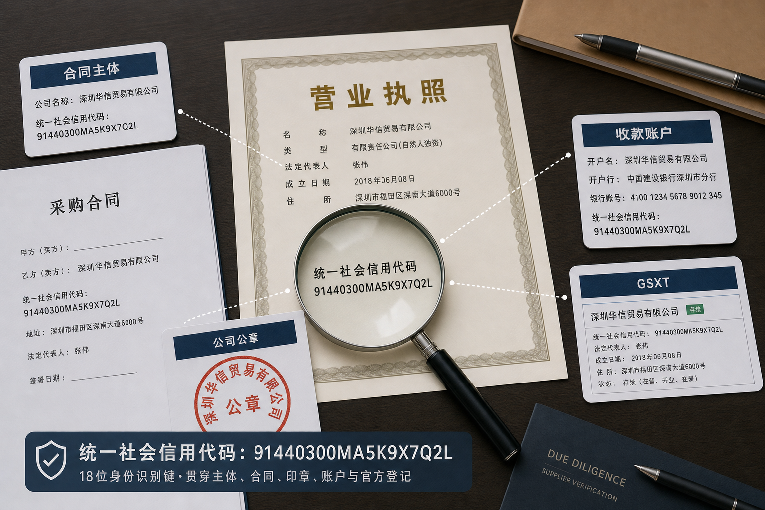 Unified Social Credit Code on a business license checked against contract party, company chop, bank account and official registration record