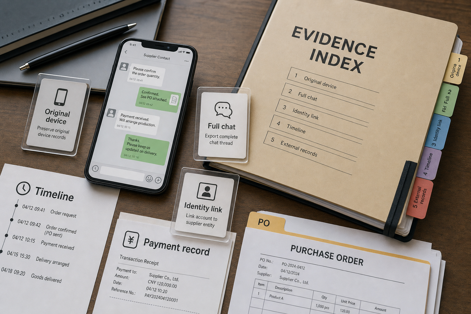 Original WeChat device, full chat record, identity link, timeline and payment record organized into an evidence packet