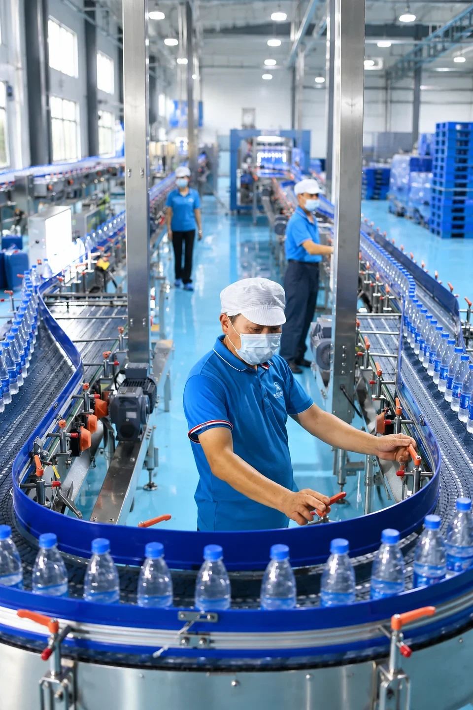 A worker adjusting conveyor equipment on a bottled water production line